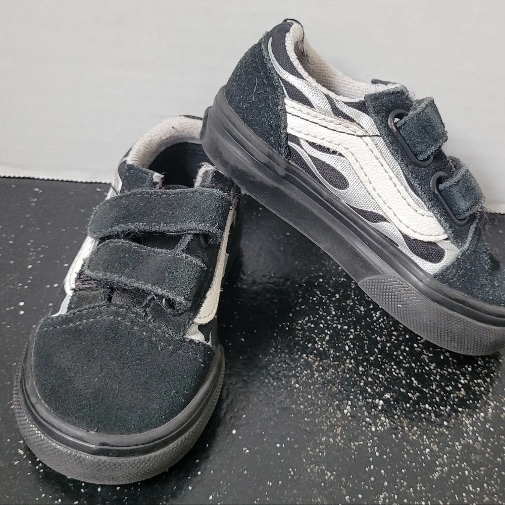 Kids Black Suede Vans With Silver Flames Sneakers